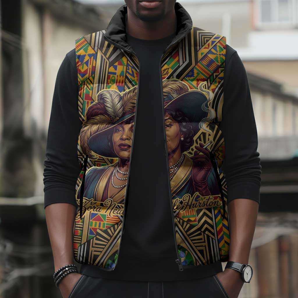 Zora Neale Hurston Sleeveless Puffer Jacket Bold Kente and Art Deco Pattern - I Am Not Tragically Colored - Wonder Print Shop