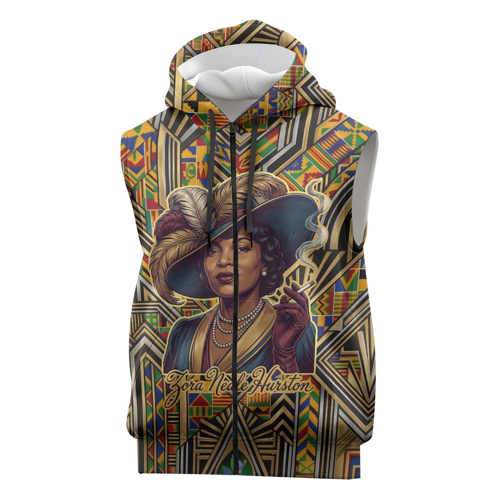 Zora Neale Hurston Sleeveless Zip Hoodie Bold Kente and Art Deco Pattern - I Am Not Tragically Colored - Wonder Print Shop