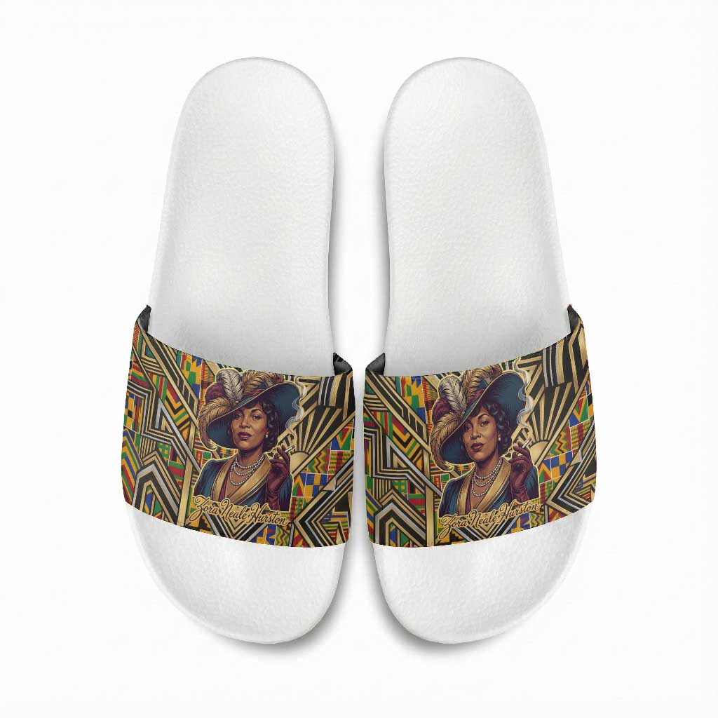 Zora Neale Hurston Slide Sandals Bold Kente and Art Deco Pattern - I Am Not Tragically Colored - Wonder Print Shop