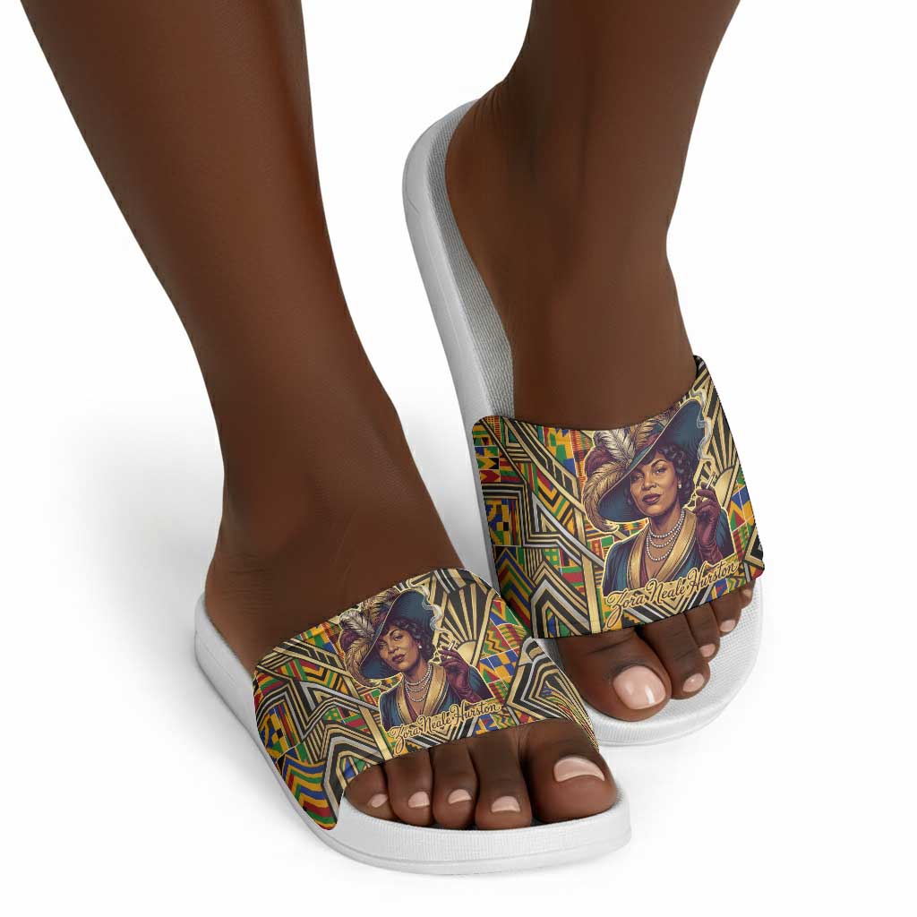 Zora Neale Hurston Slide Sandals Bold Kente and Art Deco Pattern - I Am Not Tragically Colored - Wonder Print Shop