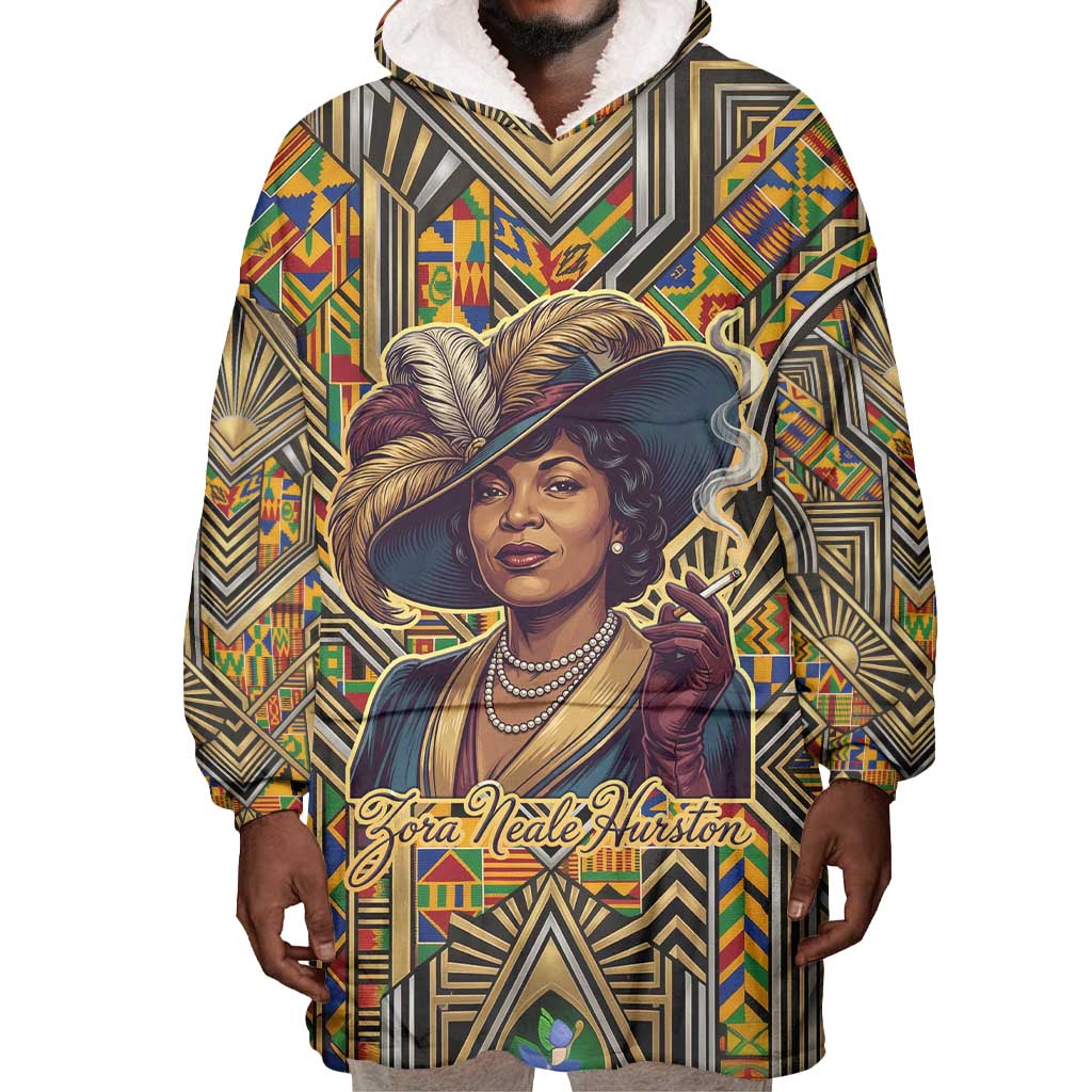 Zora Neale Hurston Wearable Blanket Hoodie Bold Kente and Art Deco Pattern - I Am Not Tragically Colored - Wonder Print Shop