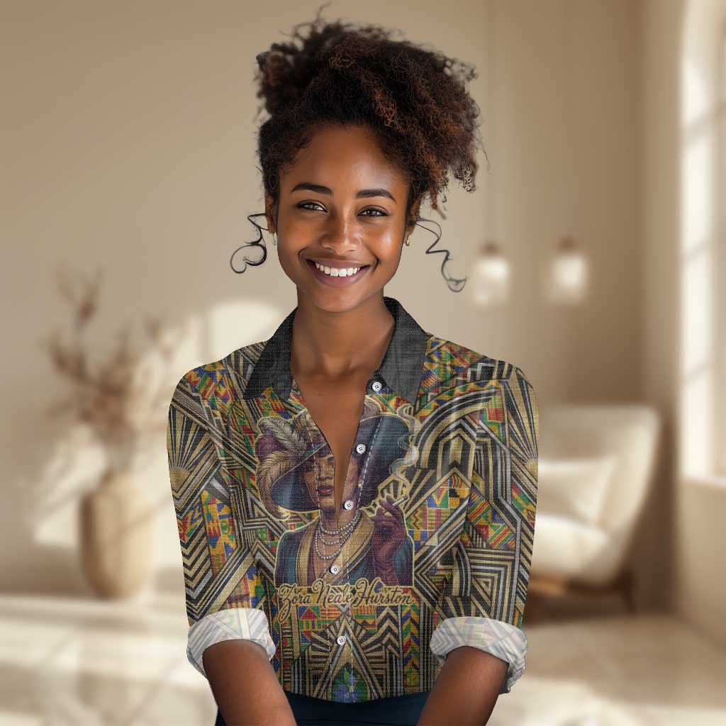 Zora Neale Hurston Women Casual Shirt Bold Kente and Art Deco Pattern - I Am Not Tragically Colored - Wonder Print Shop