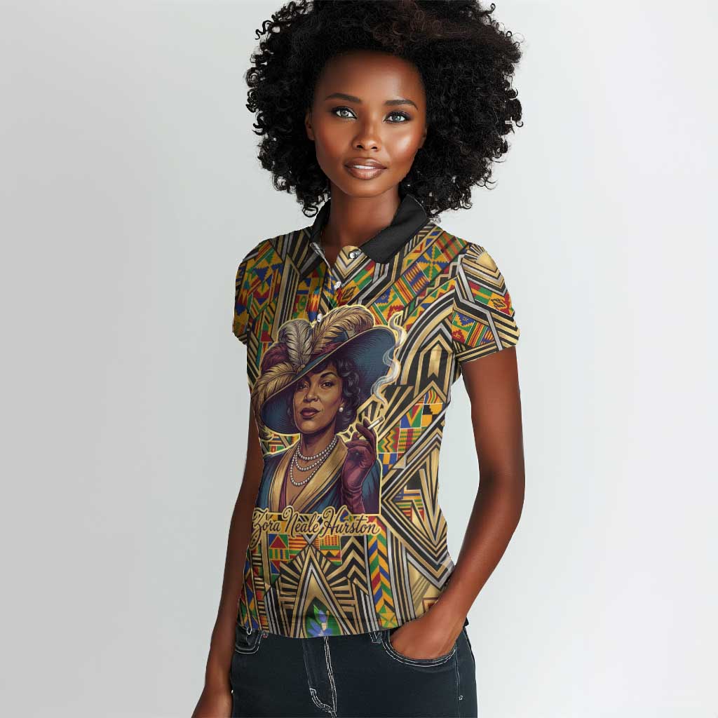 Zora Neale Hurston Women Polo Shirt Bold Kente and Art Deco Pattern - I Am Not Tragically Colored - Wonder Print Shop