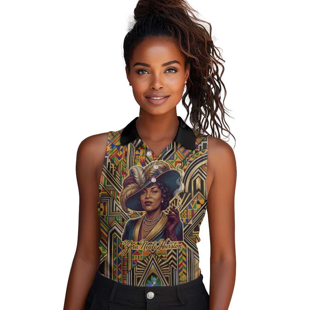 Zora Neale Hurston Women Sleeveless Polo Shirt Bold Kente and Art Deco Pattern - I Am Not Tragically Colored - Wonder Print Shop