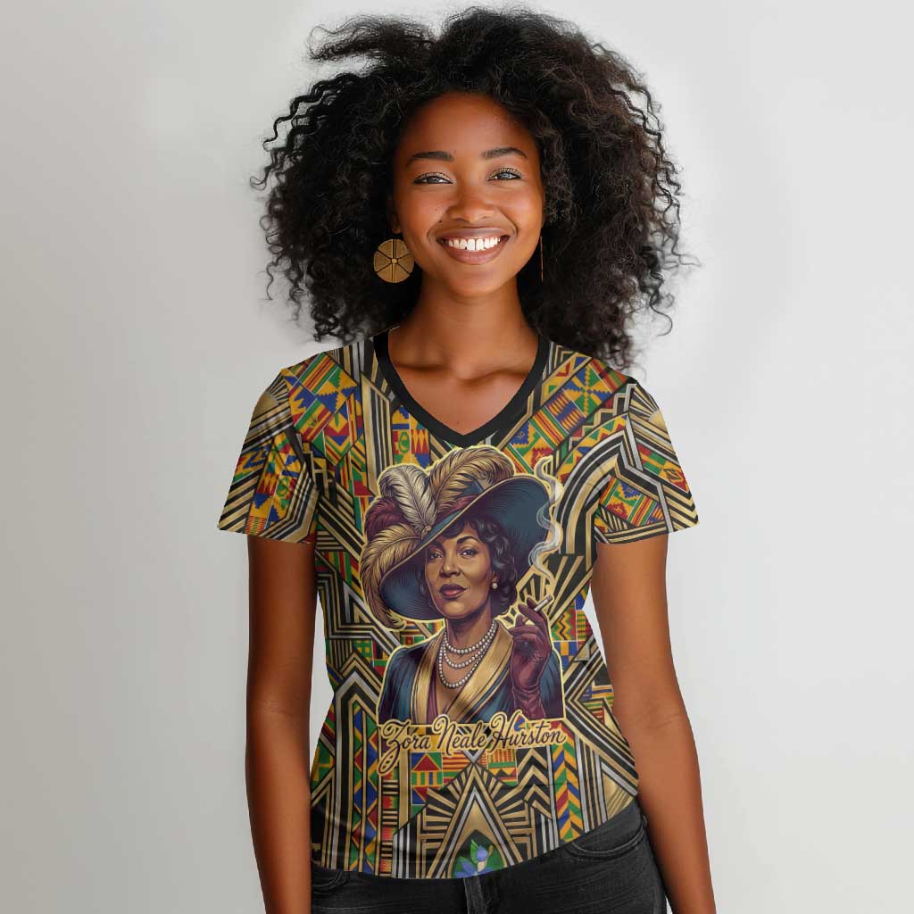 Zora Neale Hurston Women V-Neck T-Shirt Bold Kente and Art Deco Pattern - I Am Not Tragically Colored - Wonder Print Shop