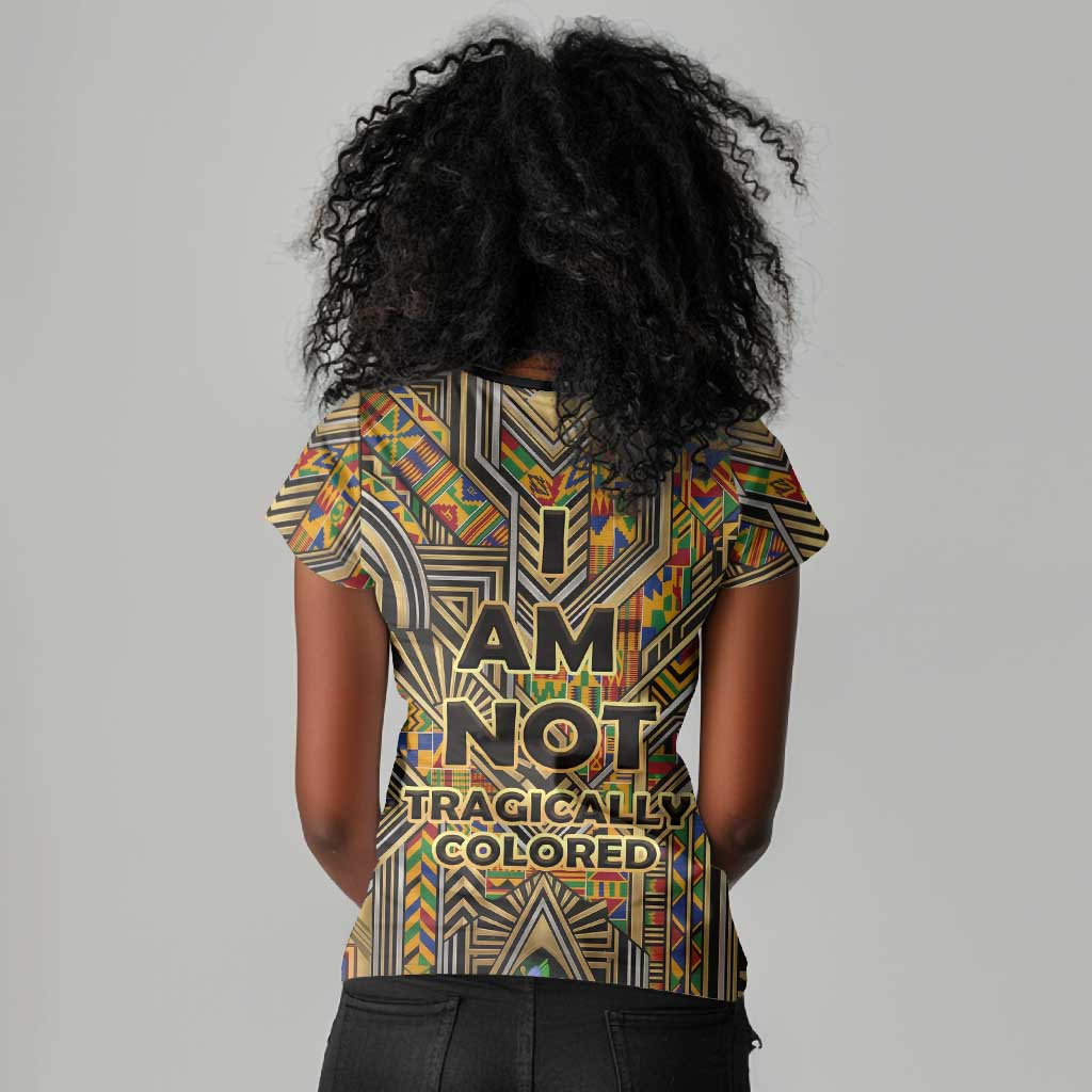 Zora Neale Hurston Women V-Neck T-Shirt Bold Kente and Art Deco Pattern - I Am Not Tragically Colored - Wonder Print Shop