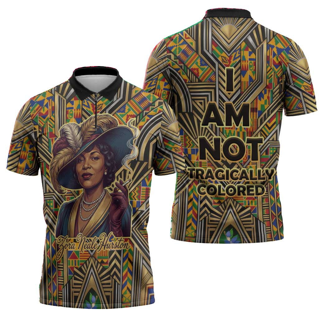 Zora Neale Hurston Zipper Polo Shirt Bold Kente and Art Deco Pattern - I Am Not Tragically Colored - Wonder Print Shop