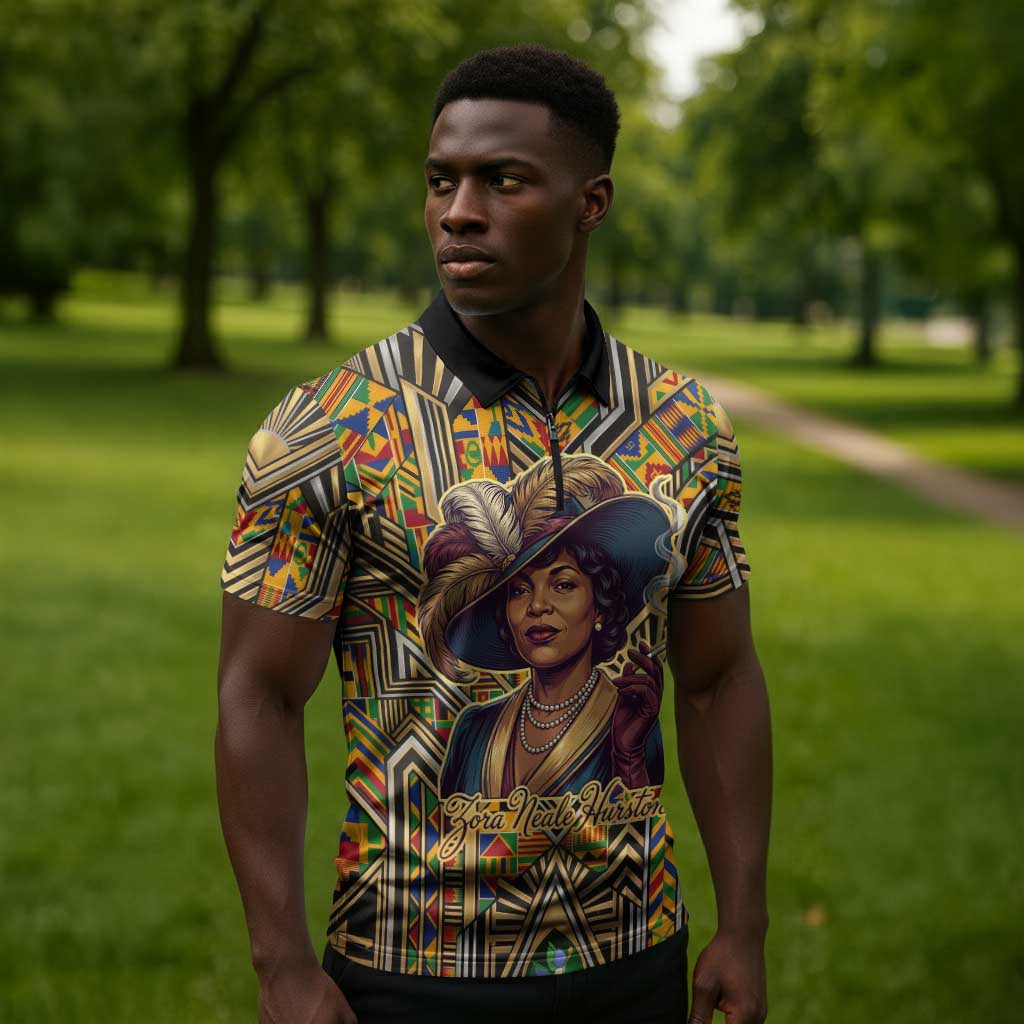 Zora Neale Hurston Zipper Polo Shirt Bold Kente and Art Deco Pattern - I Am Not Tragically Colored - Wonder Print Shop