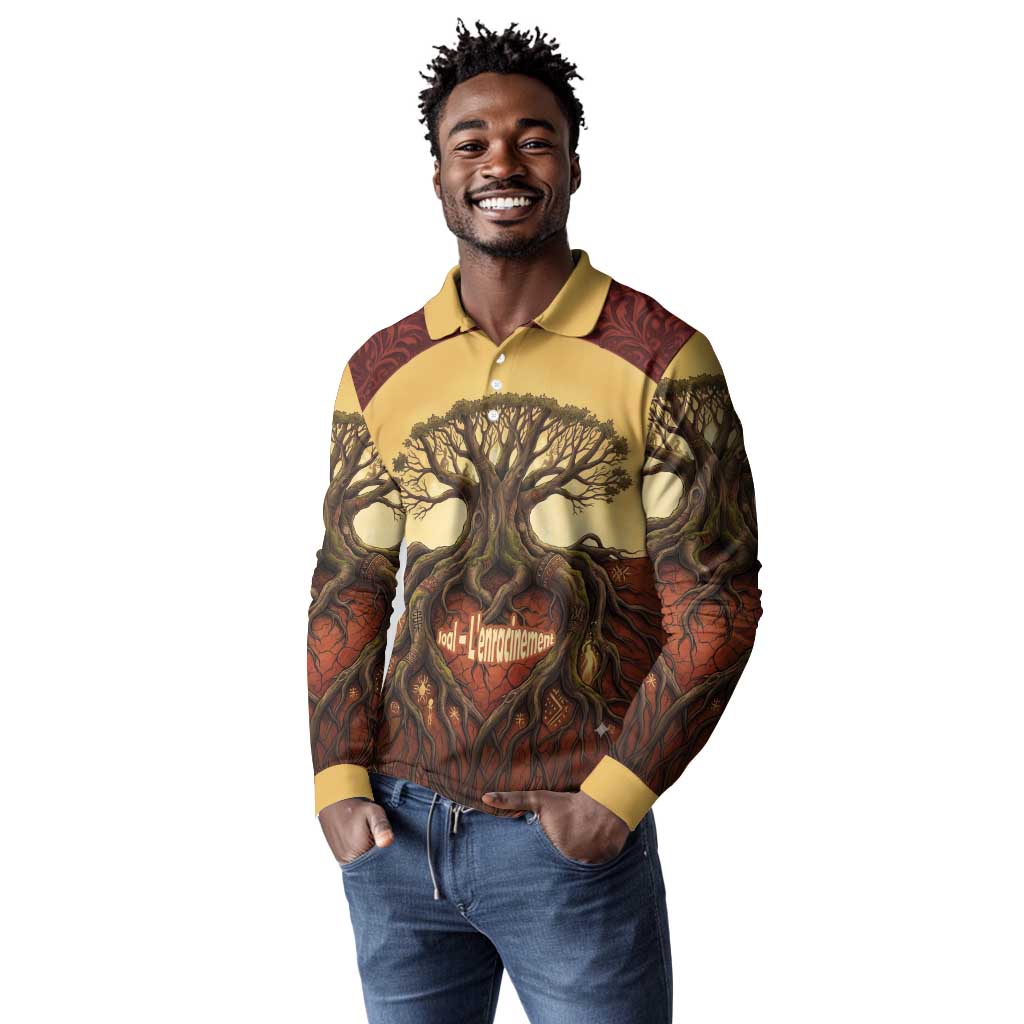 Léopold Sédar Senghor Long Sleeve Polo Shirt Sacred Baobab Tree Design African Roots and Symbols Theme Negritude Movement - Wonder Print Shop