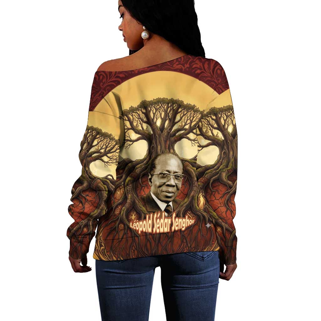 Léopold Sédar Senghor Off Shoulder Sweater Sacred Baobab Tree Design African Roots and Symbols Theme Negritude Movement - Wonder Print Shop