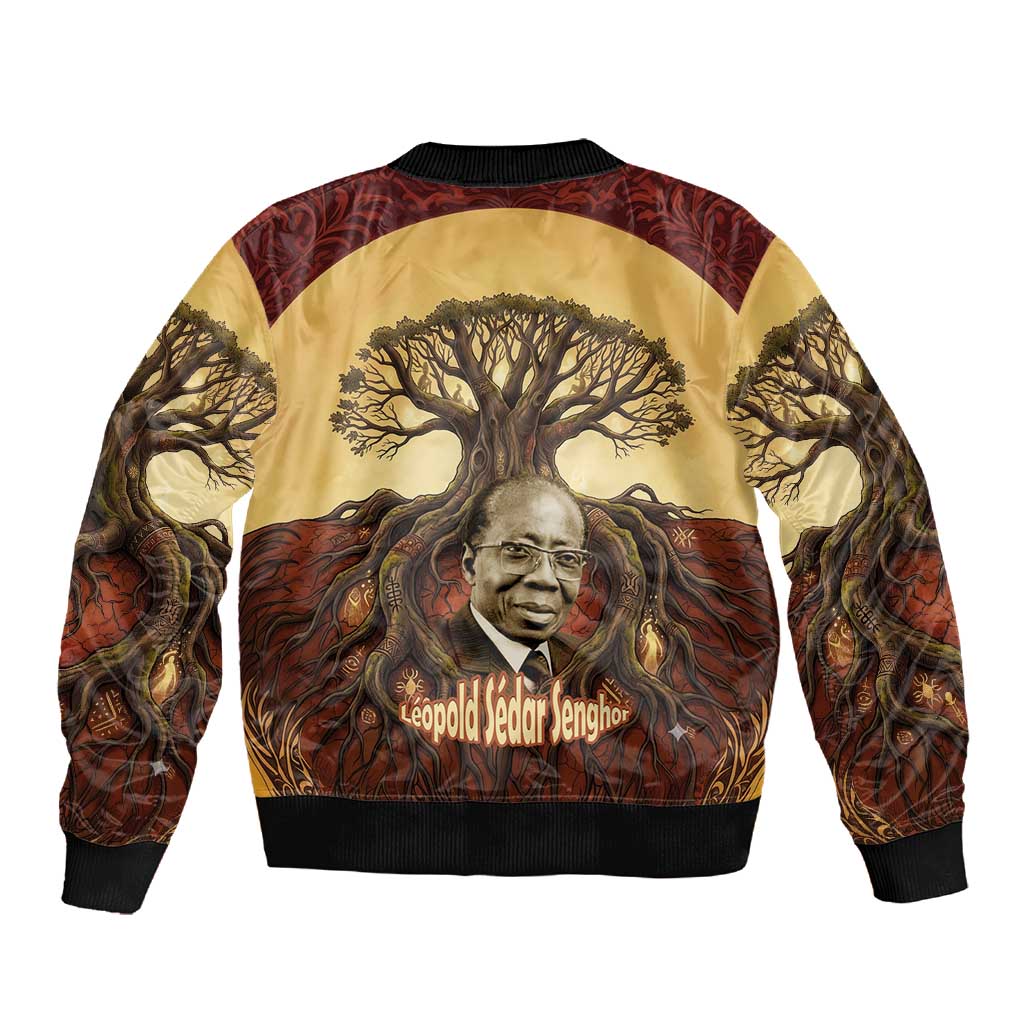 Léopold Sédar Senghor Sleeve Zip Bomber Jacket Sacred Baobab Tree Design African Roots and Symbols Theme Negritude Movement - Wonder Print Shop