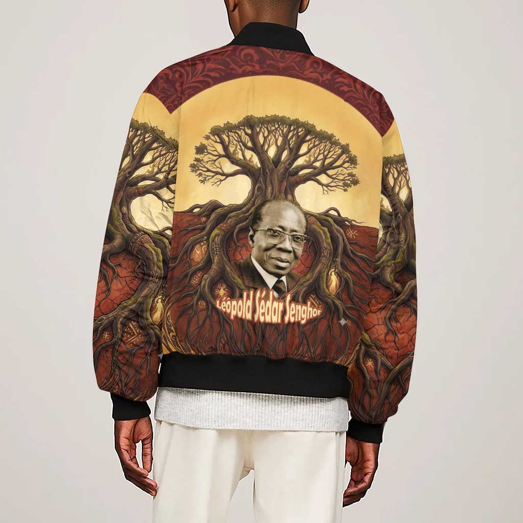 Léopold Sédar Senghor Sleeve Zip Bomber Jacket Sacred Baobab Tree Design African Roots and Symbols Theme Negritude Movement - Wonder Print Shop