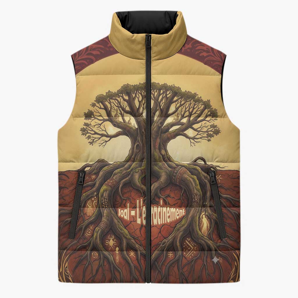 Léopold Sédar Senghor Sleeveless Puffer Jacket Sacred Baobab Tree Design African Roots and Symbols Theme Negritude Movement - Wonder Print Shop