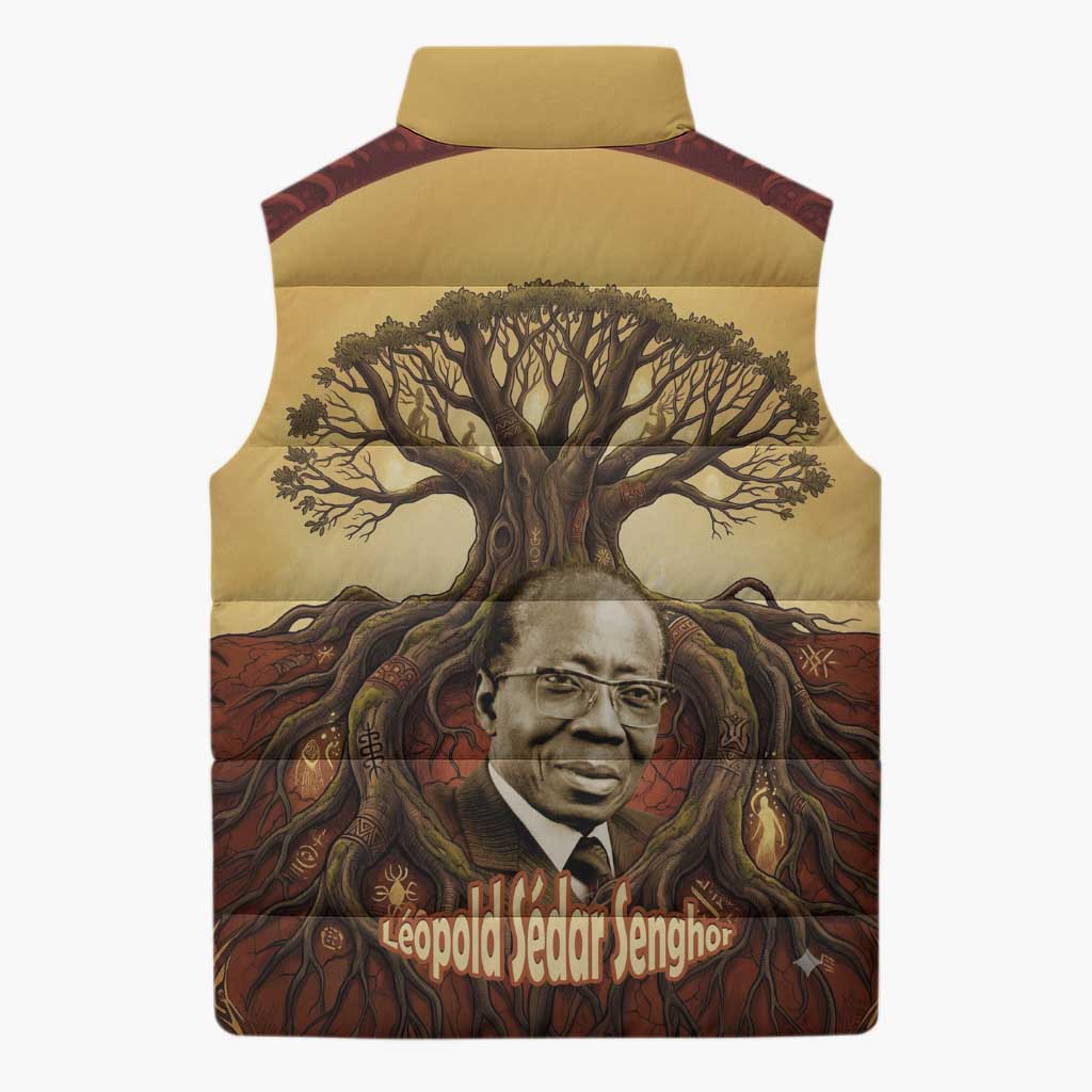 Léopold Sédar Senghor Sleeveless Puffer Jacket Sacred Baobab Tree Design African Roots and Symbols Theme Negritude Movement - Wonder Print Shop