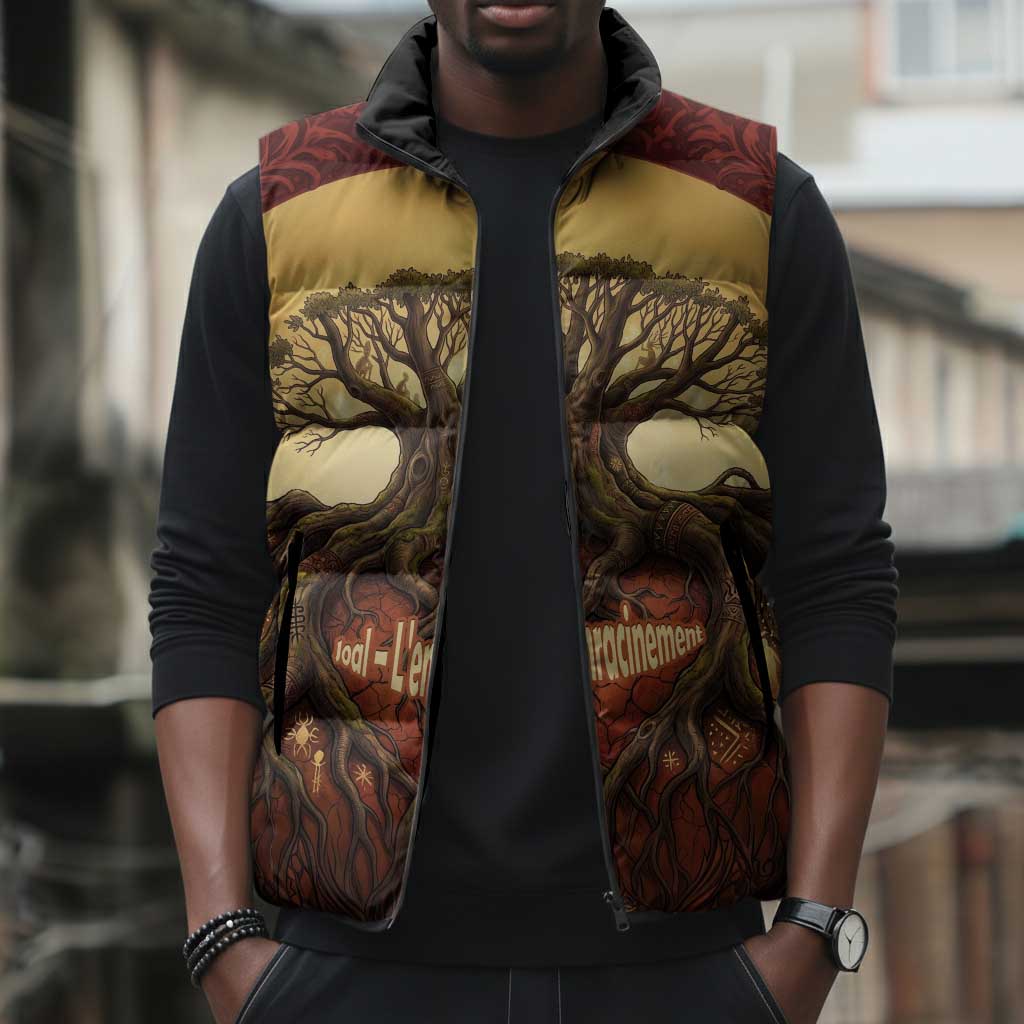 Léopold Sédar Senghor Sleeveless Puffer Jacket Sacred Baobab Tree Design African Roots and Symbols Theme Negritude Movement - Wonder Print Shop