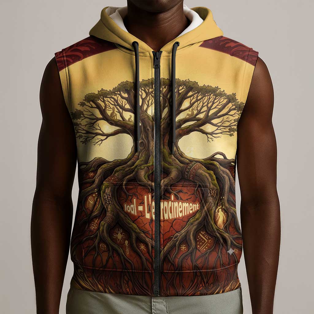 Léopold Sédar Senghor Sleeveless Zip Hoodie Sacred Baobab Tree Design African Roots and Symbols Theme Negritude Movement - Wonder Print Shop