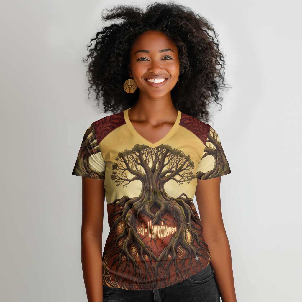 Léopold Sédar Senghor Women V-Neck T-Shirt Sacred Baobab Tree Design African Roots and Symbols Theme Negritude Movement - Wonder Print Shop