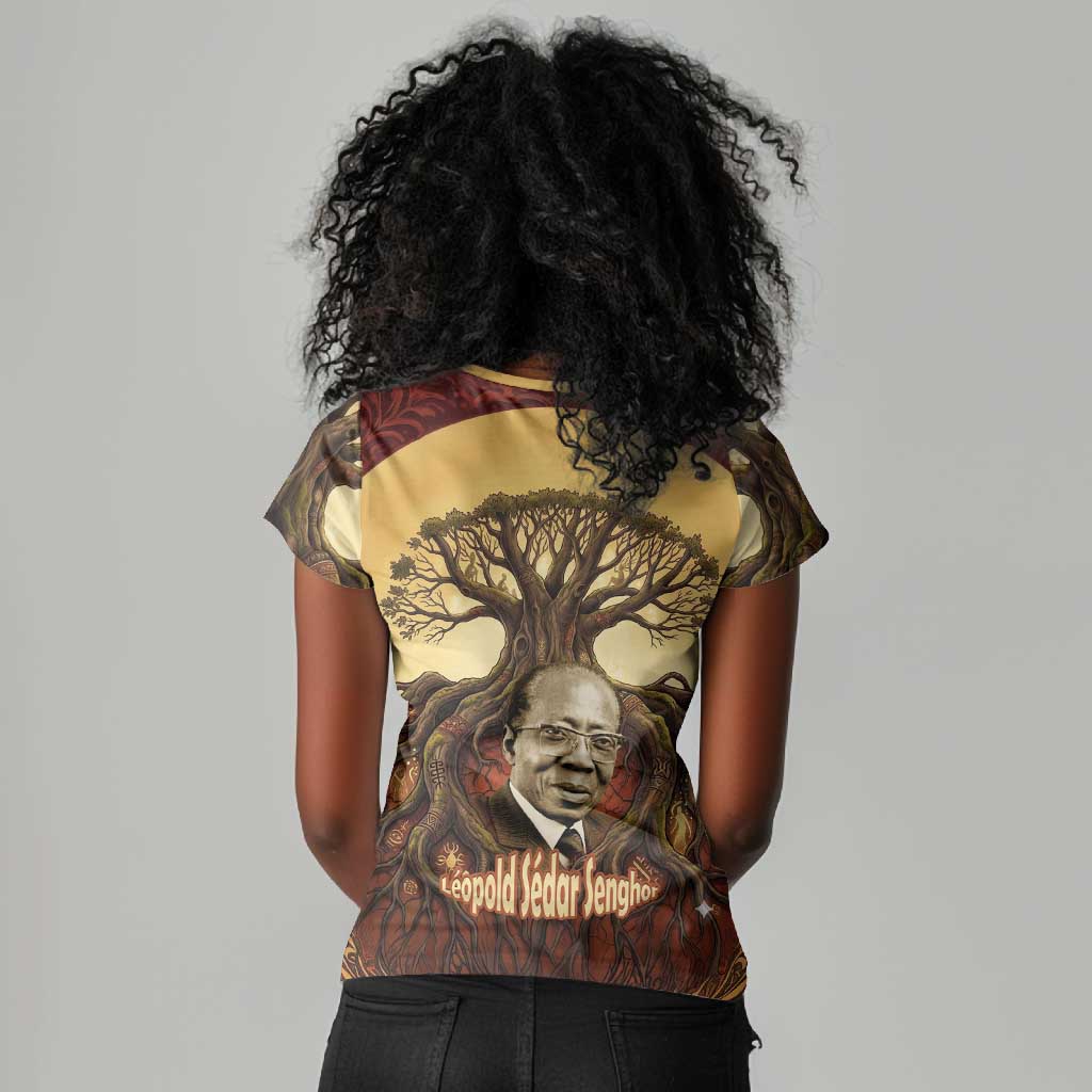 Léopold Sédar Senghor Women V-Neck T-Shirt Sacred Baobab Tree Design African Roots and Symbols Theme Negritude Movement - Wonder Print Shop