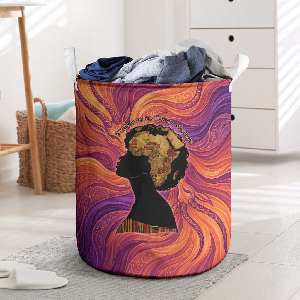 Léopold Sédar Senghor Laundry Basket Femme Noire Silhouette with Africa Map Pattern Vibrant Swirl Background - Wonder Print Shop