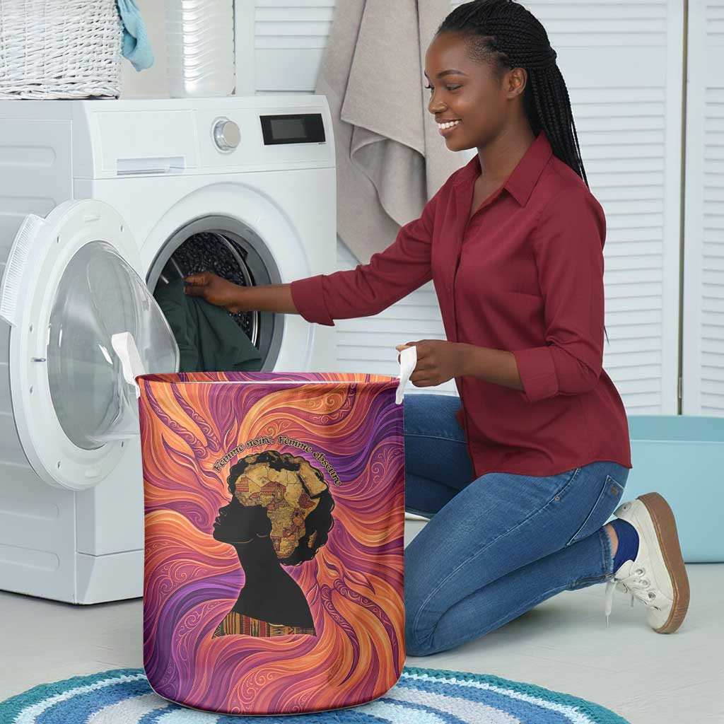 Léopold Sédar Senghor Laundry Basket Femme Noire Silhouette with Africa Map Pattern Vibrant Swirl Background - Wonder Print Shop