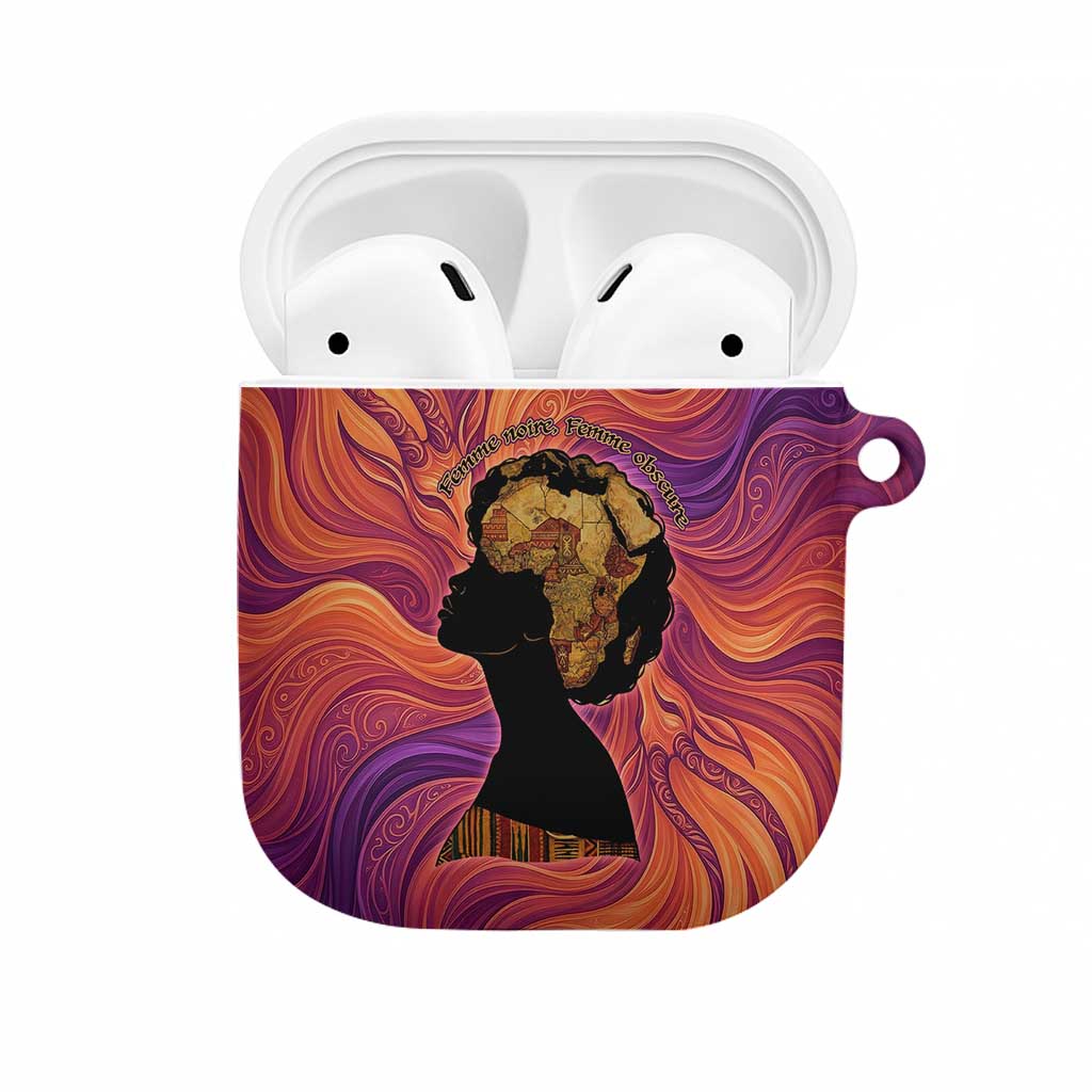 Léopold Sédar Senghor AirPods Case Femme Noire Silhouette with Africa Map Pattern Vibrant Swirl Background - Wonder Print Shop