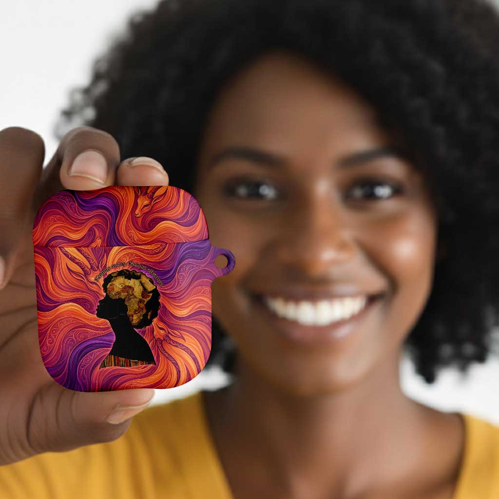Léopold Sédar Senghor AirPods Case Femme Noire Silhouette with Africa Map Pattern Vibrant Swirl Background - Wonder Print Shop