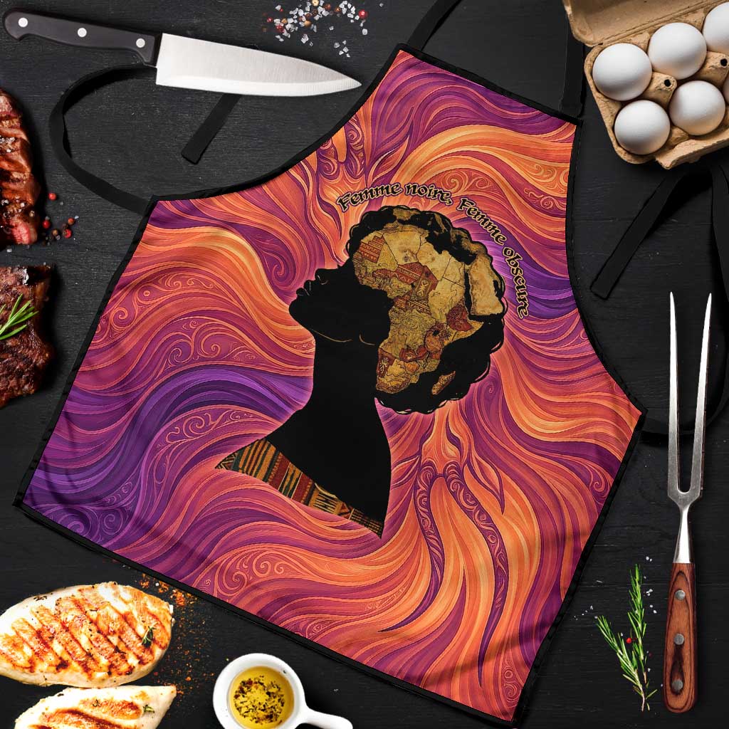 Léopold Sédar Senghor Apron Femme Noire Silhouette with Africa Map Pattern Vibrant Swirl Background - Wonder Print Shop