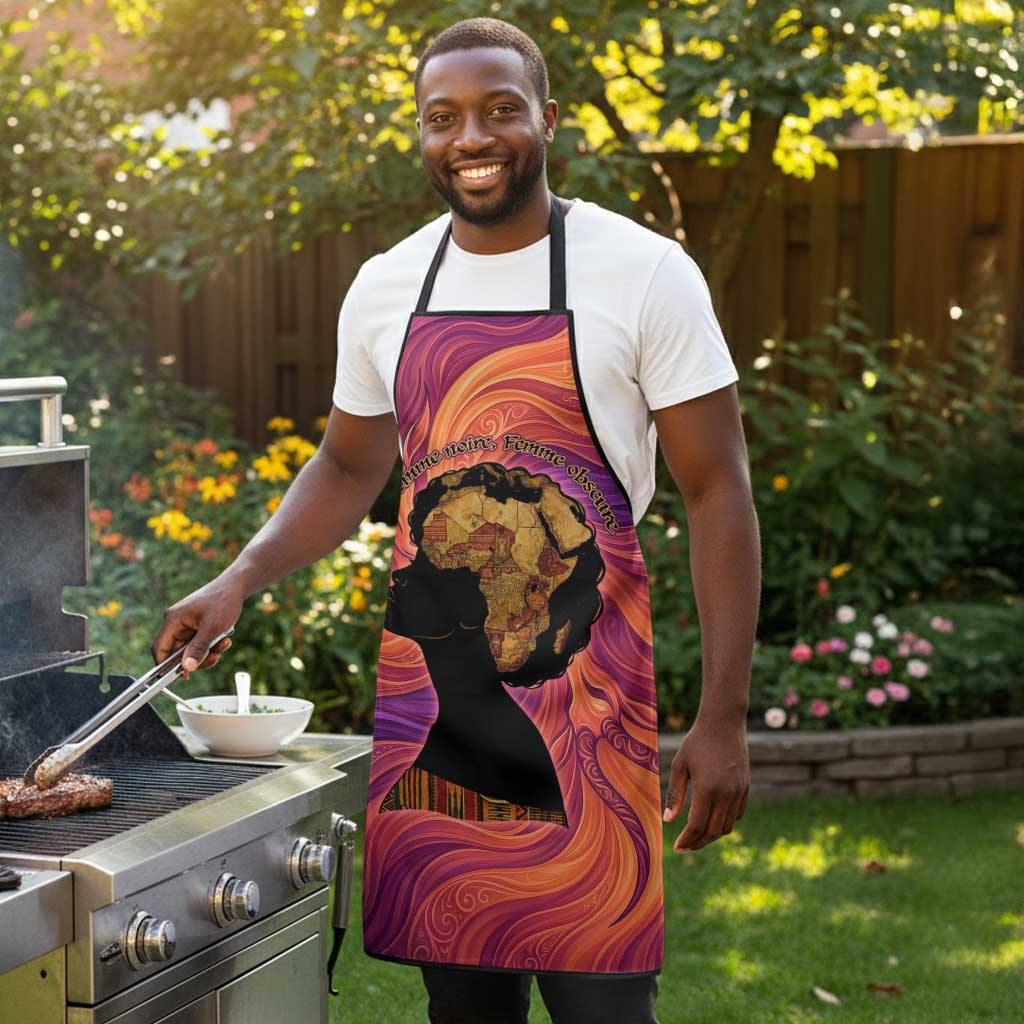 Léopold Sédar Senghor Apron Femme Noire Silhouette with Africa Map Pattern Vibrant Swirl Background - Wonder Print Shop