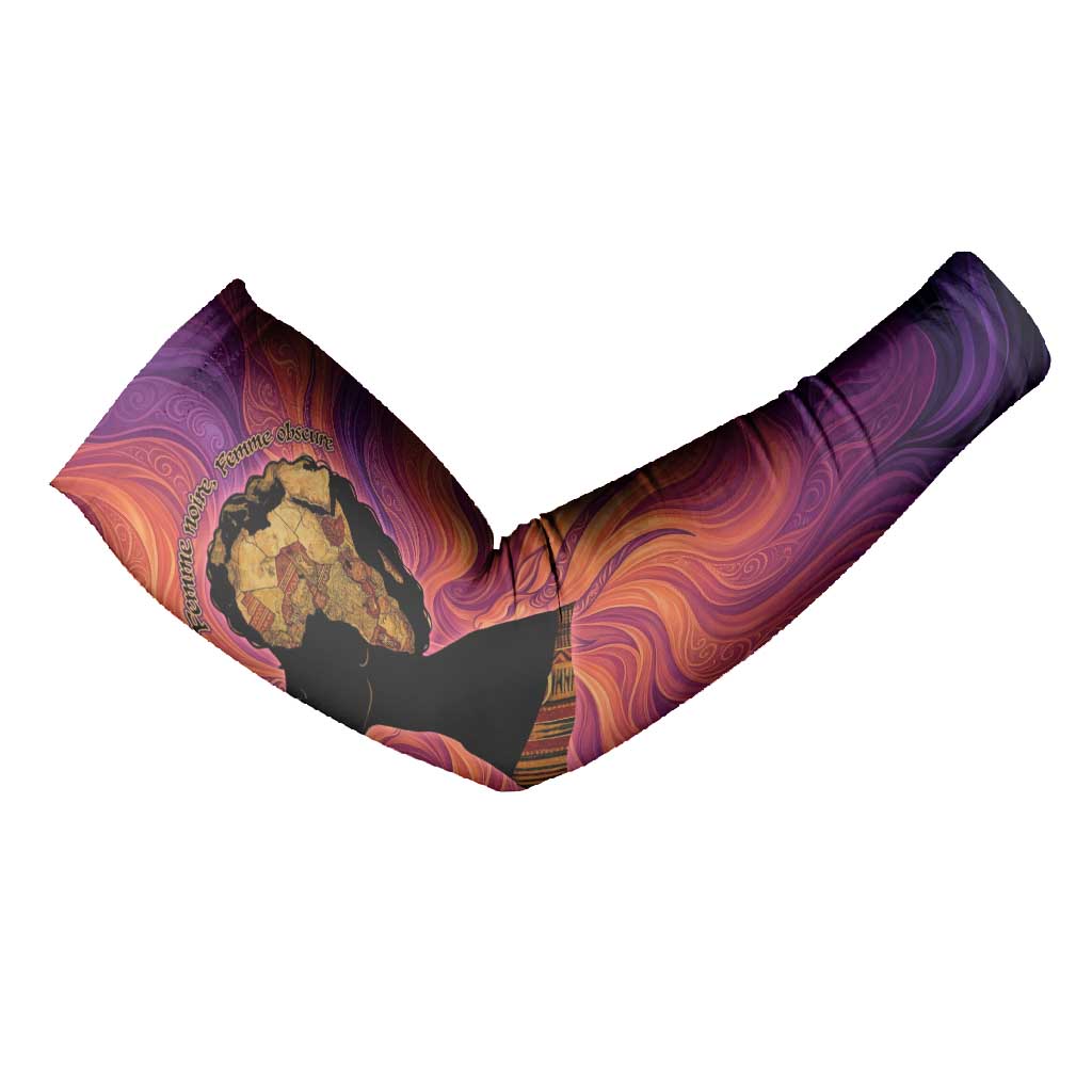 Léopold Sédar Senghor Arm Sleeves Femme Noire Silhouette with Africa Map Pattern Vibrant Swirl Background - Wonder Print Shop