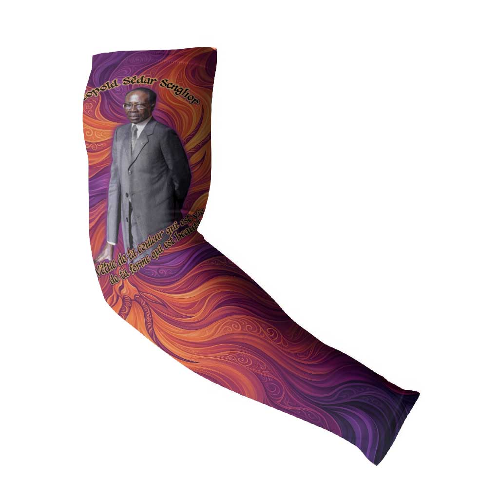 Léopold Sédar Senghor Arm Sleeves Femme Noire Silhouette with Africa Map Pattern Vibrant Swirl Background - Wonder Print Shop
