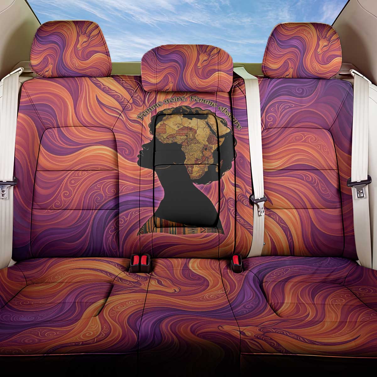 Léopold Sédar Senghor Back Car Seat Cover Femme Noire Silhouette with Africa Map Pattern Vibrant Swirl Background - Wonder Print Shop