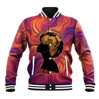 Léopold Sédar Senghor Baseball Jacket Femme Noire Silhouette with Africa Map Pattern Vibrant Swirl Background - Wonder Print Shop