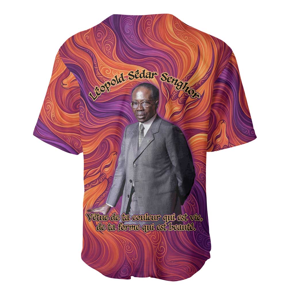 Léopold Sédar Senghor Baseball Jersey Femme Noire Silhouette with Africa Map Pattern Vibrant Swirl Background - Wonder Print Shop