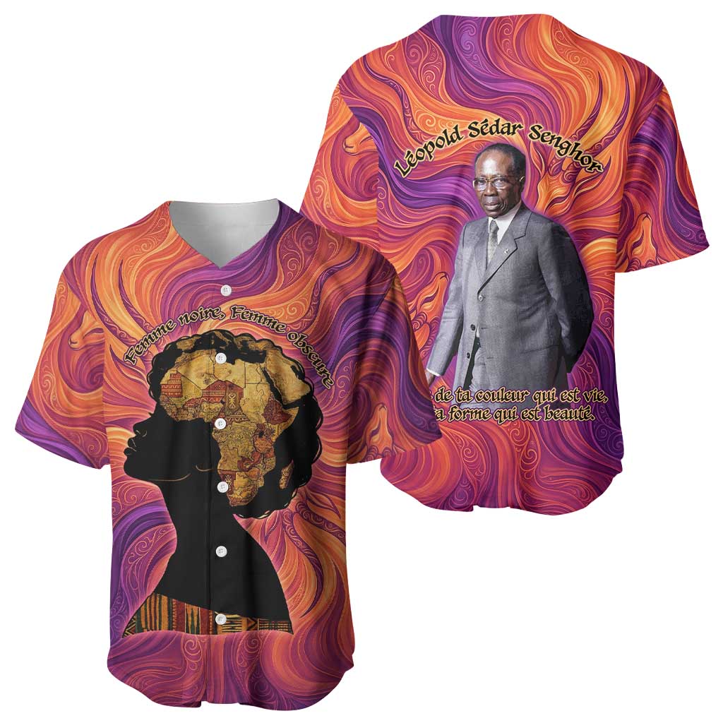 Léopold Sédar Senghor Baseball Jersey Femme Noire Silhouette with Africa Map Pattern Vibrant Swirl Background - Wonder Print Shop