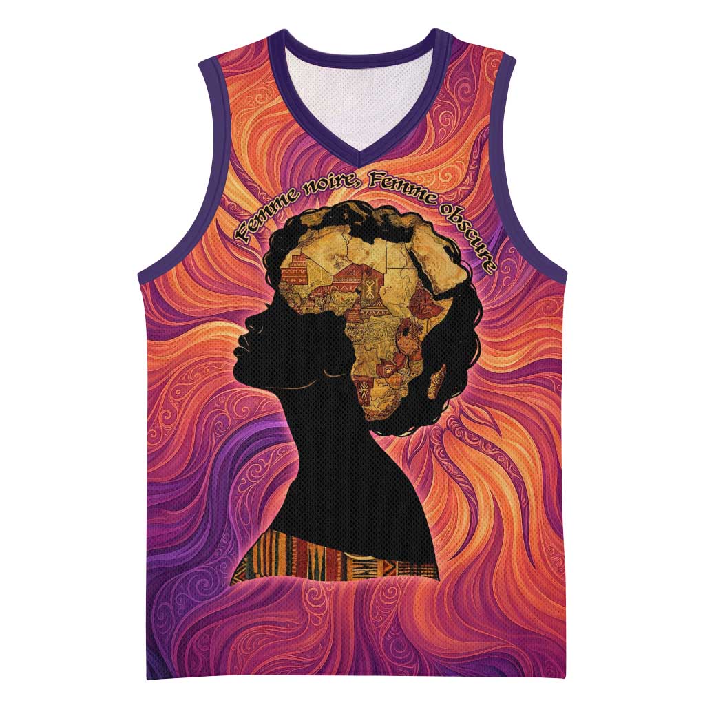 Léopold Sédar Senghor Basketball Jersey Femme Noire Silhouette with Africa Map Pattern Vibrant Swirl Background - Wonder Print Shop