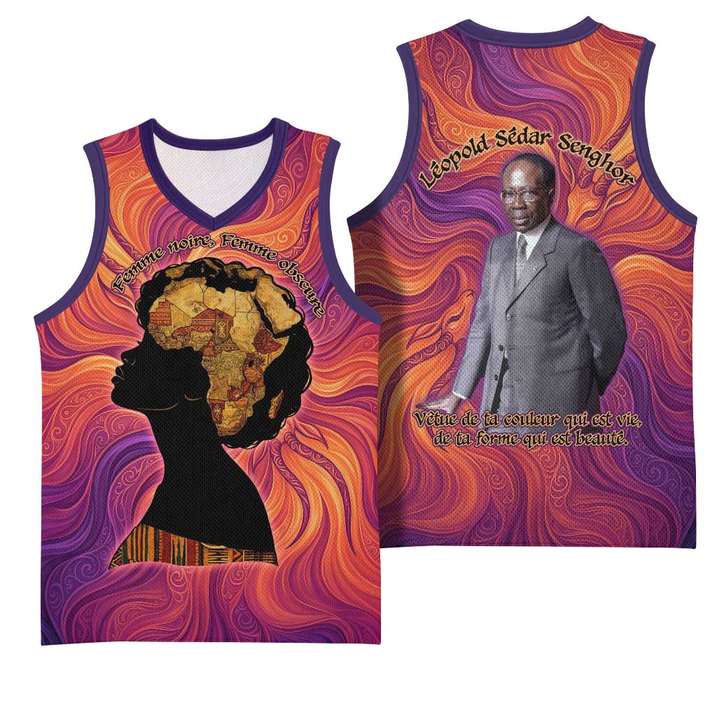 Léopold Sédar Senghor Basketball Jersey Femme Noire Silhouette with Africa Map Pattern Vibrant Swirl Background - Wonder Print Shop