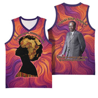 Léopold Sédar Senghor Basketball Jersey Femme Noire Silhouette with Africa Map Pattern Vibrant Swirl Background - Wonder Print Shop