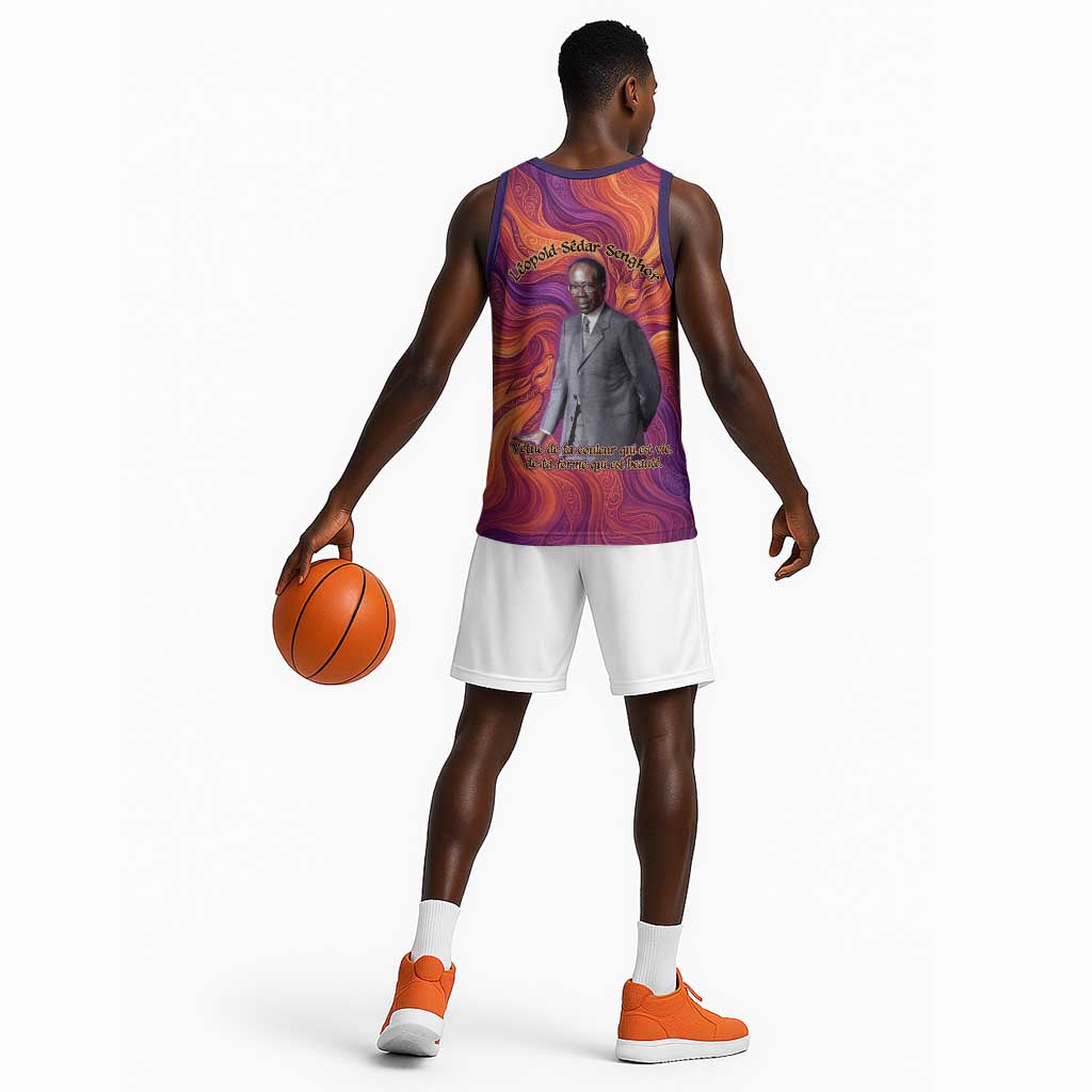 Léopold Sédar Senghor Basketball Jersey Femme Noire Silhouette with Africa Map Pattern Vibrant Swirl Background - Wonder Print Shop