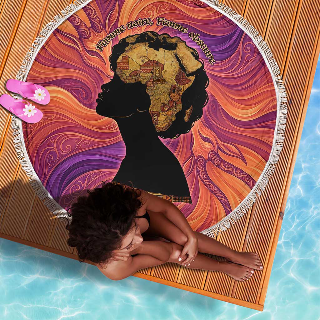 Léopold Sédar Senghor Beach Blanket Femme Noire Silhouette with Africa Map Pattern Vibrant Swirl Background - Wonder Print Shop