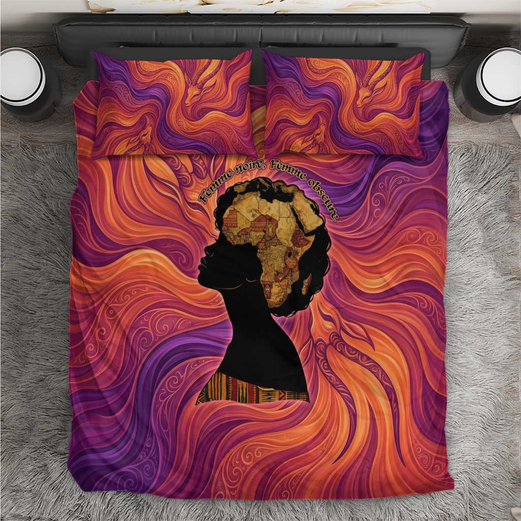 Léopold Sédar Senghor Bedding Set Femme Noire Silhouette with Africa Map Pattern Vibrant Swirl Background - Wonder Print Shop