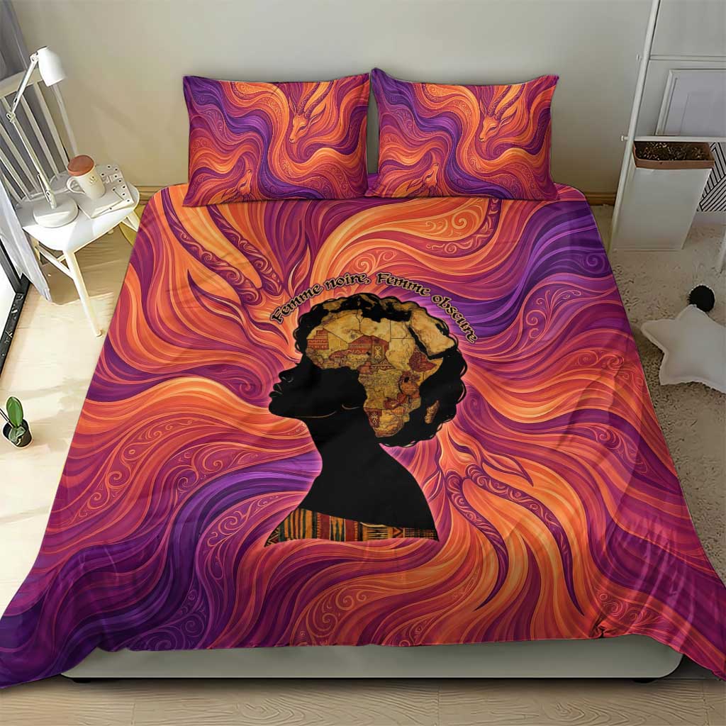 Léopold Sédar Senghor Bedding Set Femme Noire Silhouette with Africa Map Pattern Vibrant Swirl Background - Wonder Print Shop