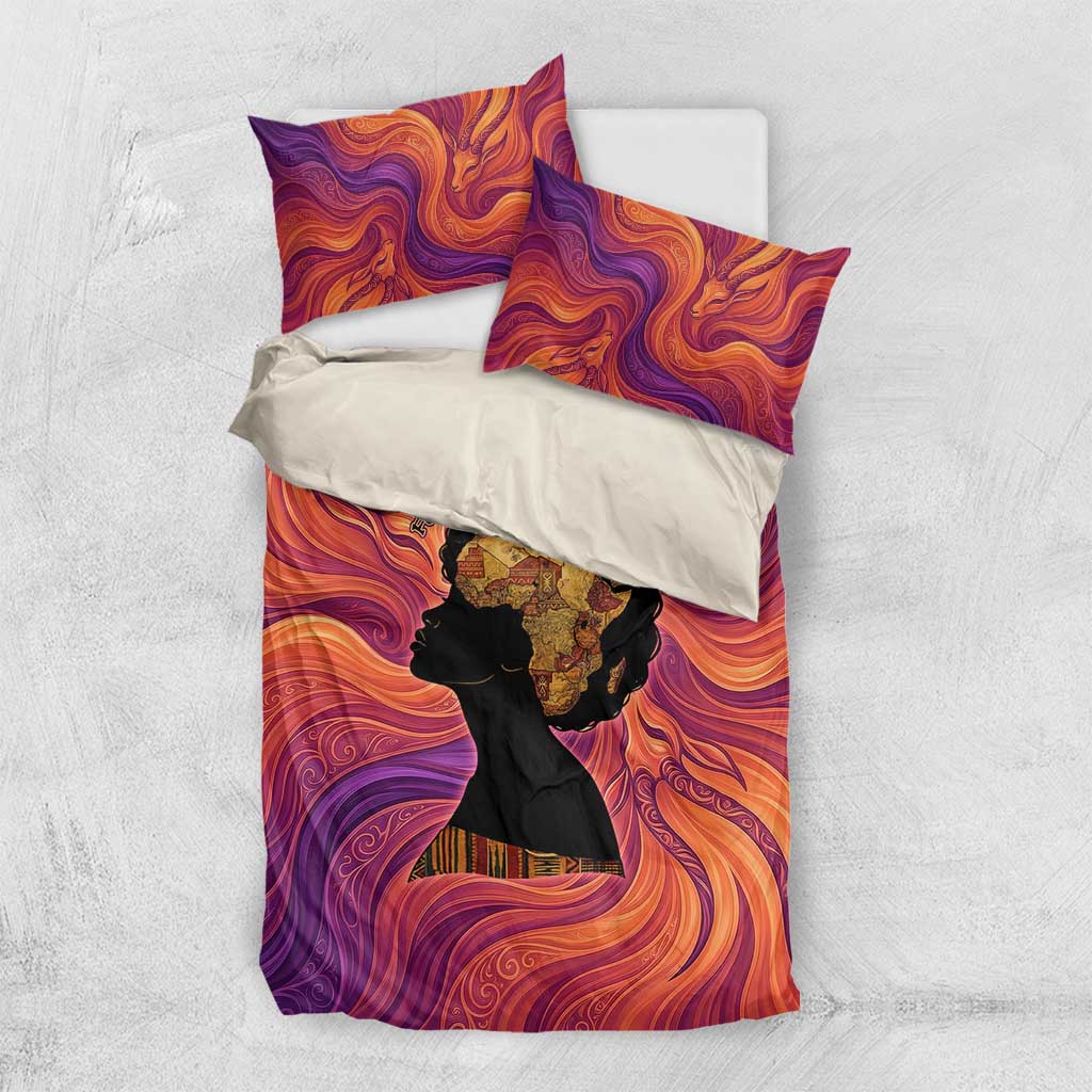 Léopold Sédar Senghor Bedding Set Femme Noire Silhouette with Africa Map Pattern Vibrant Swirl Background - Wonder Print Shop