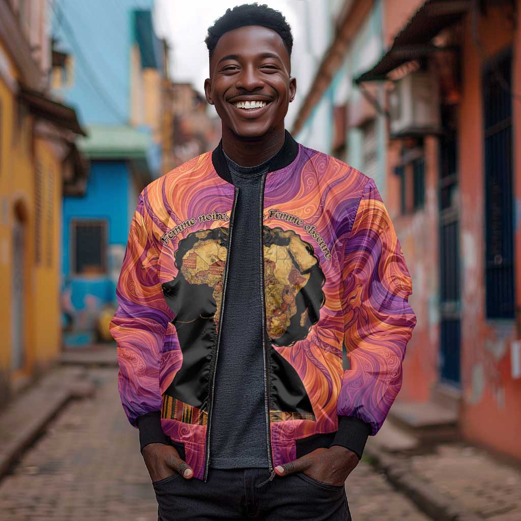Léopold Sédar Senghor Bomber Jacket Femme Noire Silhouette with Africa Map Pattern Vibrant Swirl Background - Wonder Print Shop