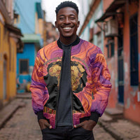 Léopold Sédar Senghor Bomber Jacket Femme Noire Silhouette with Africa Map Pattern Vibrant Swirl Background - Wonder Print Shop