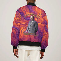 Léopold Sédar Senghor Bomber Jacket Femme Noire Silhouette with Africa Map Pattern Vibrant Swirl Background - Wonder Print Shop
