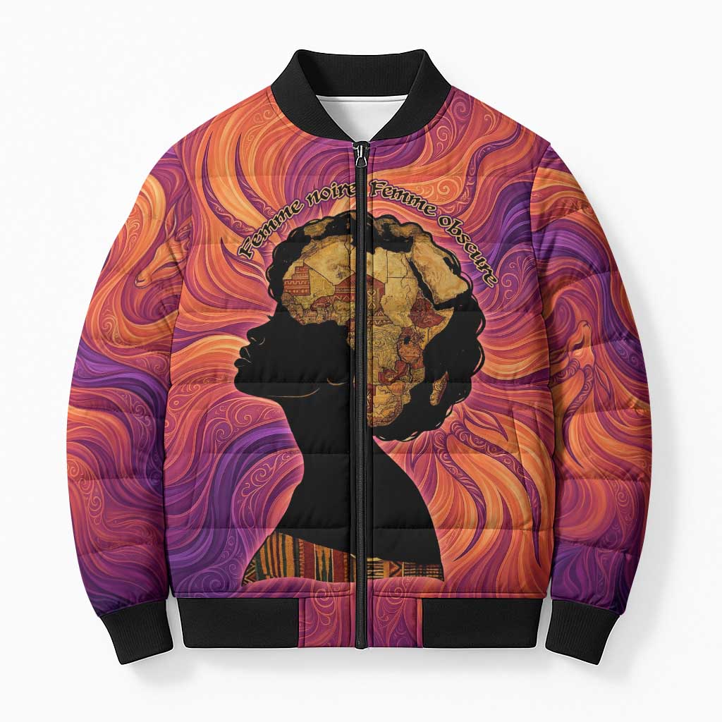 Léopold Sédar Senghor Bomber Puffer Jacket Femme Noire Silhouette with Africa Map Pattern Vibrant Swirl Background - Wonder Print Shop