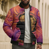 Léopold Sédar Senghor Bomber Puffer Jacket Femme Noire Silhouette with Africa Map Pattern Vibrant Swirl Background - Wonder Print Shop