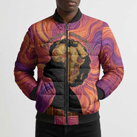 Léopold Sédar Senghor Bomber Puffer Jacket Femme Noire Silhouette with Africa Map Pattern Vibrant Swirl Background - Wonder Print Shop