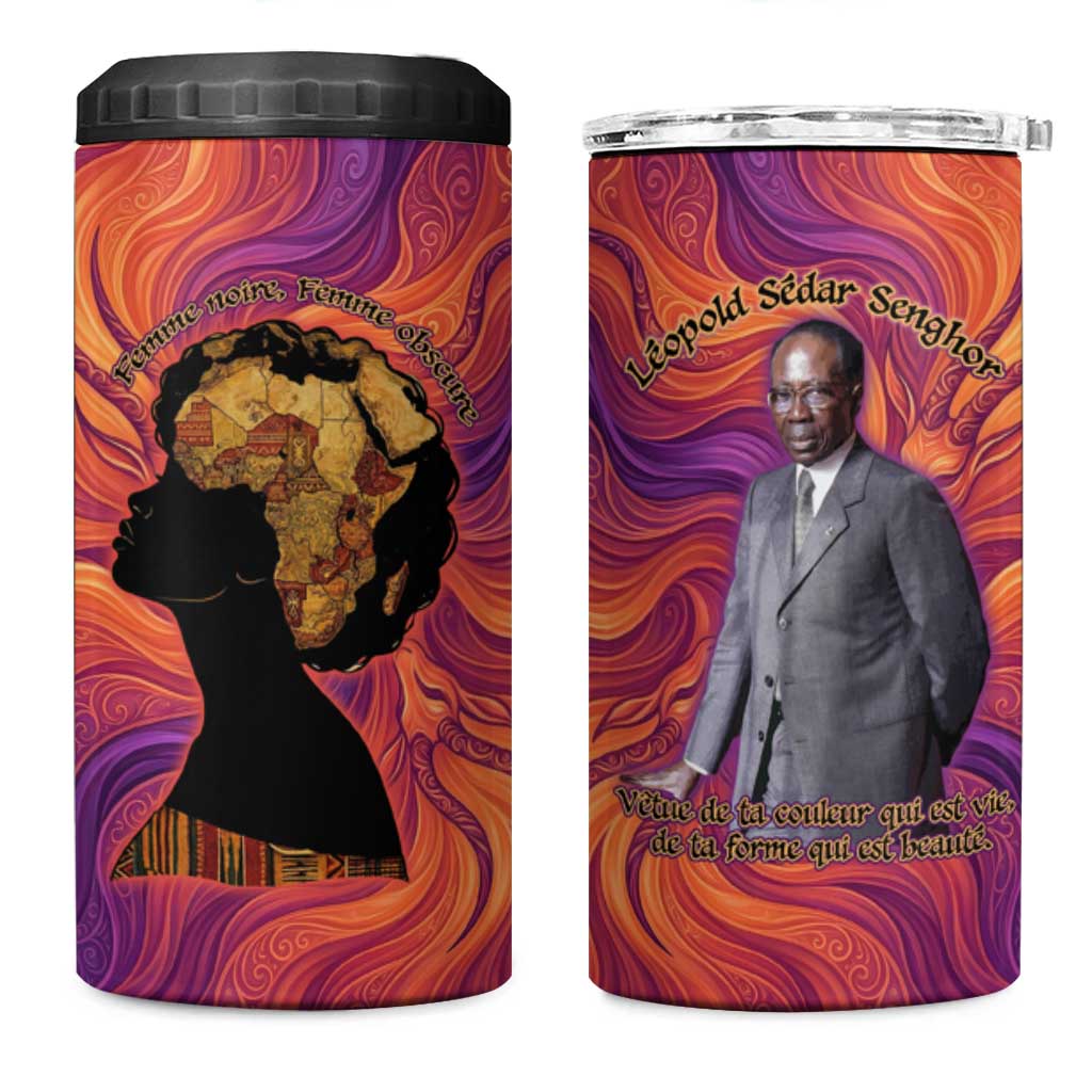 Léopold Sédar Senghor 4 in 1 Can Cooler Tumbler Femme Noire Silhouette with Africa Map Pattern Vibrant Swirl Background - Wonder Print Shop