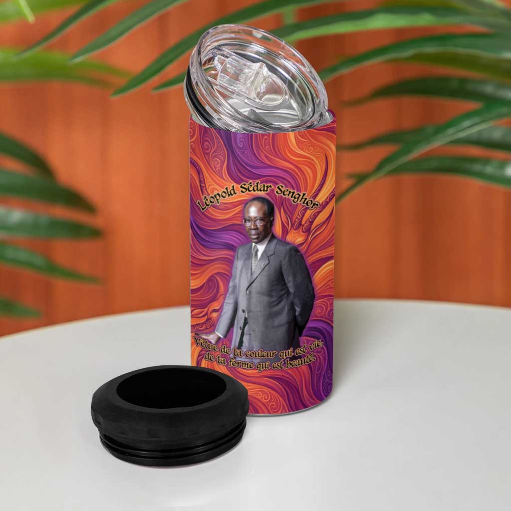 Léopold Sédar Senghor 4 in 1 Can Cooler Tumbler Femme Noire Silhouette with Africa Map Pattern Vibrant Swirl Background - Wonder Print Shop